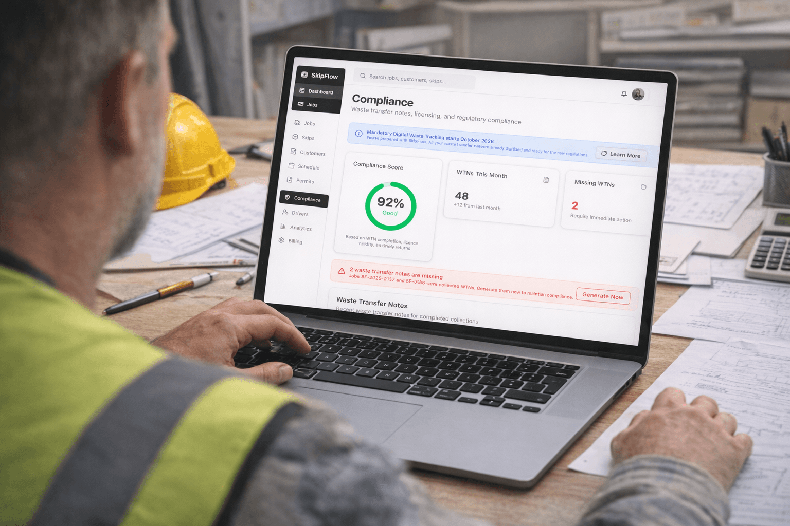 Operator viewing SkipRoute compliance dashboard with 92% score