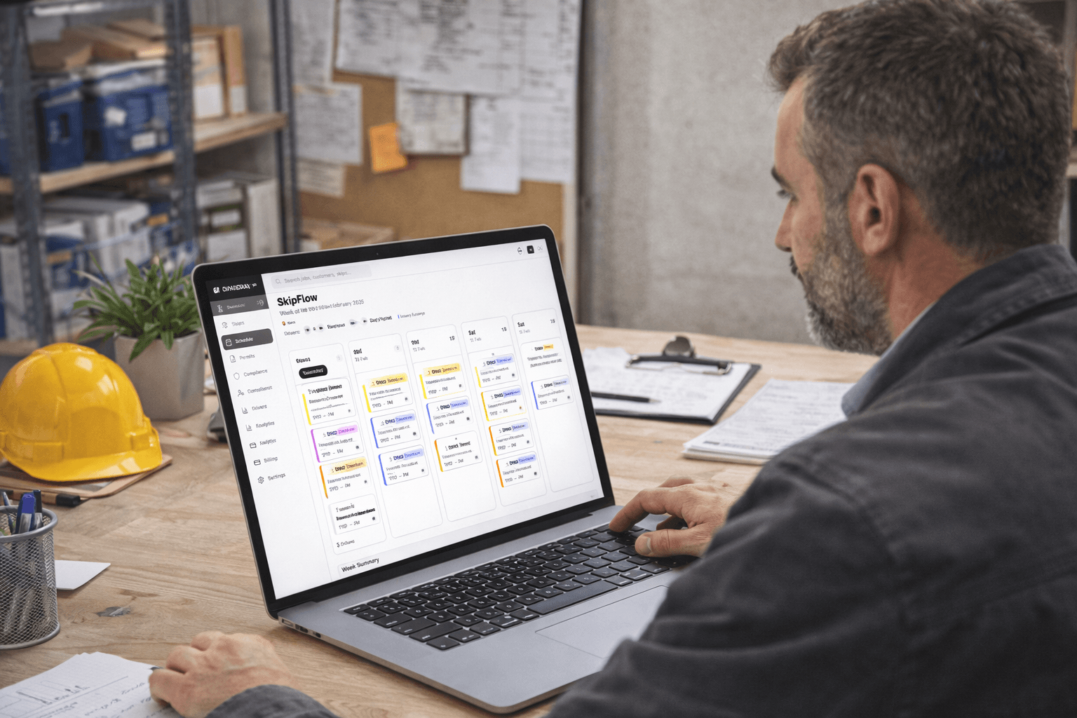 Operator viewing the SkipRoute scheduling calendar on a laptop