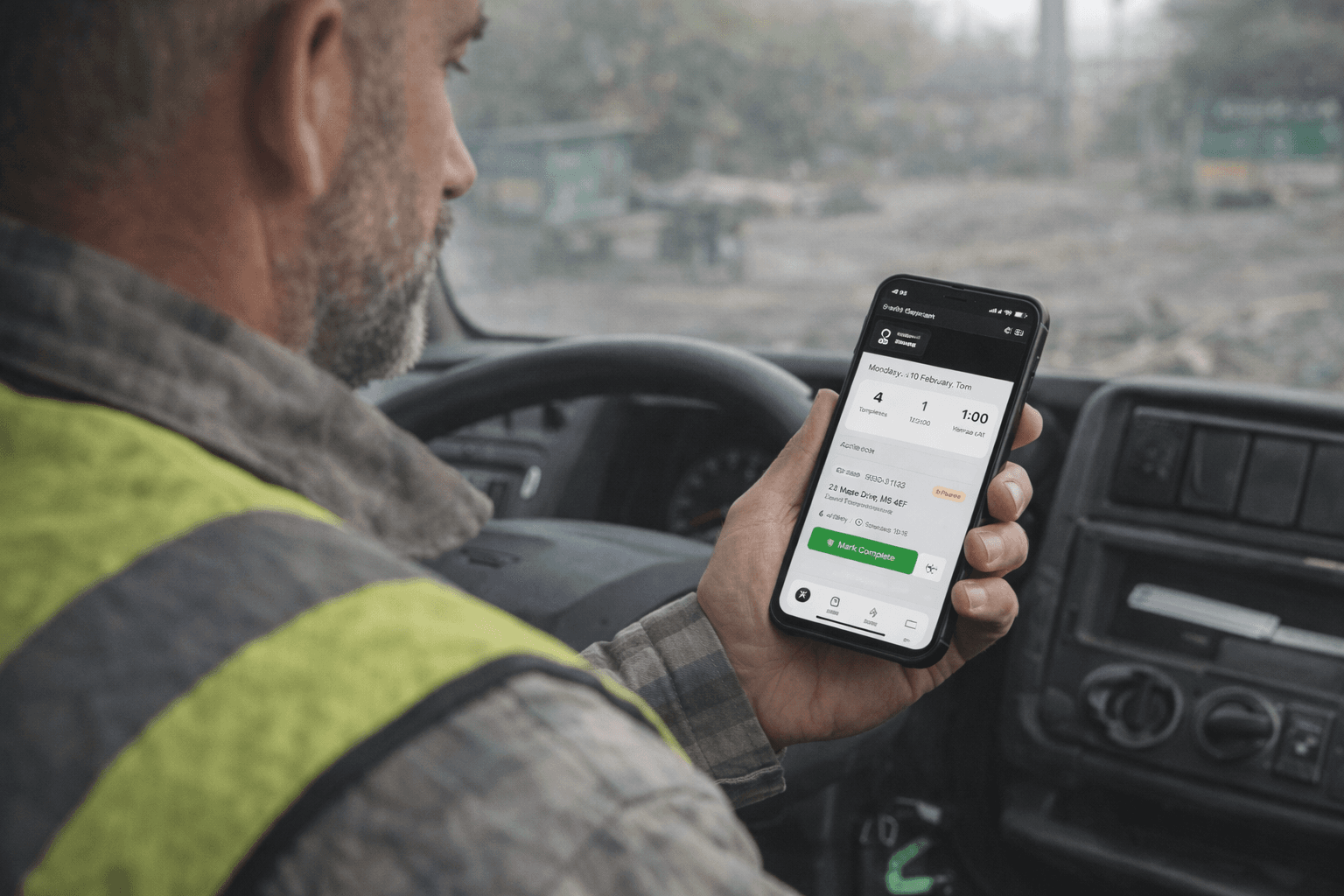 Skip hire driver viewing daily schedule on phone in truck cab