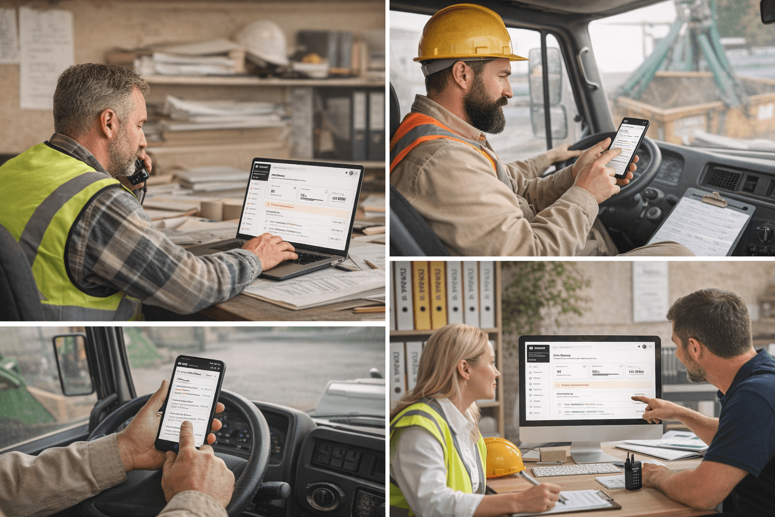 SkipRoute being used by skip hire operators on laptops, phones, and in trucks